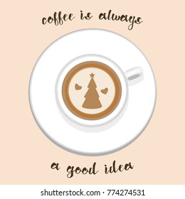 mug on top of coffee tree, vector, christmas tree, love, inscriptions great idea of coffee