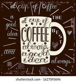 mug on which there is text A cup of coffee is always a good idea, vector illustration in vintage style on aged brown background with rays