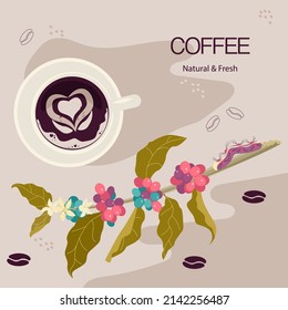 Mug of organic coffee among the blooming branch. Composition for coffee packaging design. Suitable for shop, drinks menu, baking, candy and sweets, health care products. Flat Art Vector illustration