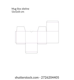 Modelo dieline de caixa de embalagem de caneca com linhas de corte dobráveis para produção de impressão.