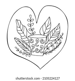 Mug and plants in the heart in the style of doodles. Vector isolated image for use in web design