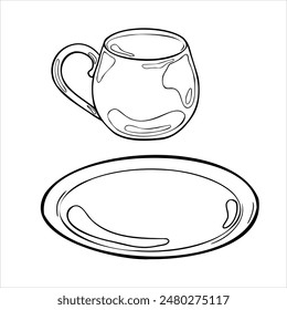 Mug and plate black white outline vector illustration isolated. Pottery items graphic line hand drawn. Cup saucer ink silhouette painted. Dishes coloring. Element for ceramics workshop