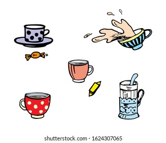mug, polka dot cup with hot tea, set of cups, coffee mug and candy, teatime, splashing tea