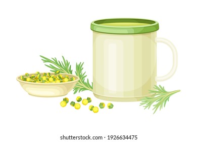 Mug Poured with Wormwood or Southernwood Plant Herbal Tea Vector Composition