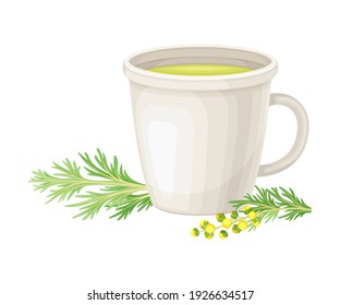 Mug Poured with Wormwood or Southernwood Plant Herbal Tea Vector Composition