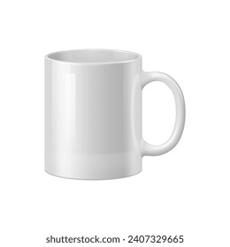 Mug, realistic, coffee or tea cup, white ceramic tableware mockup, vector isolated 3D. Kitchen porcelain or kitchenware mock up of teacup or coffee mug with handle for drink dishware crockery