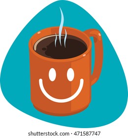Mug. Red coffee mug with hot coffee and smile icon. Isolated. On green background.