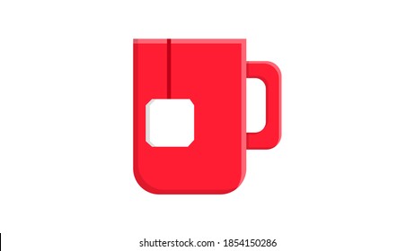 mug of red tea with a tea bag inside on a white background, vector illustration. tea cerimonium, daily ritual for lunch. tea drink from beautiful mugs, dessert time.