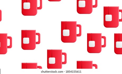 mug of red tea with a tea bag inside on a white background, vector illustration, pattern. tea with a disposable tea bag. wallpaper for coffee shop, kitchen, cafe decoration.