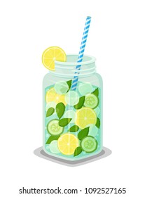 Mug of refreshing drink containing organic green cucumber, mint leaves, round slices of lemon, ice cubes vector dieting cocktail with straw isolated