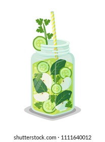 Mug of refreshing drink containing organic green cucumber, bay leaves, slices of apple, ice cubes vector vegetarian dieting cocktail with straw isolated