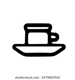 Mug with saucer in doodle style isolated on white background. Signature icon. Outline vector illustration. Can be used as an icon or symbol. Decorative element. Hand drawn black sketch.