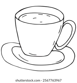 mug with saucer with drink, coffee or cocoa, vector black and white doodle element, coloring book, cute design element