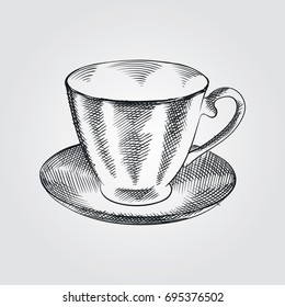 Mug with a saucer in sketch style isolated on white background. Can be used for menu, bar. restaurant and other design.