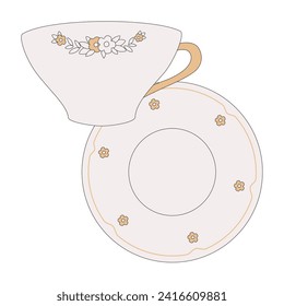Mug and saucer. Tableware with floral pattern and golden rim. Province. Vector illustration