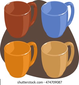 Mug set. Empty coffee mugs.  Red, blue, yellow, beige mug. Isolated on brown background.