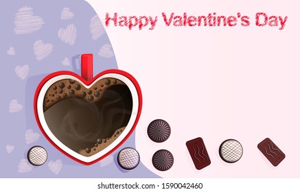 Mug in the shape of a heart with hot coffee and assorted chocolates. The inscription "Happy Valentine's Day" and painted hearts. Banner in pastel colors with space for text. Vector illustration.