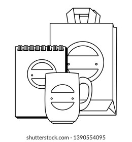 mug and shopping bag and notepad with company emblem