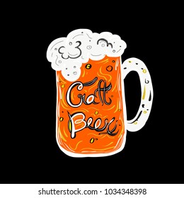 Mug with the sign craft beer in it. Hand drawn illustration with beer.