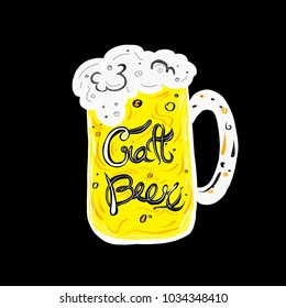 Mug with the sign craft beer in it. Hand drawn illustration with beer.