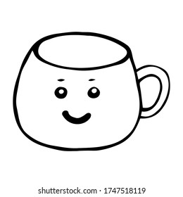 Mug with smile vector doodle illustration. Isolated on white background. Flat design. Cute kawaii style.