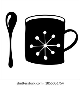 Mug with a snowflake and a spoon. Isolated hand drawn simple vector illustration in black and white.