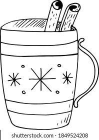 mug with snowflakes and cinnamon sticks. icon, card, poster, menu. sketch hand drawn doodle. vector monochrome. warm Christmas drink. cocoa, tea, mulled wine, coffee.