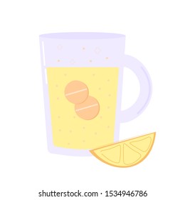 Mug with soluble tablets and lemon. The concept of the treatment of colds, flu, hangovers. Vector illustration.