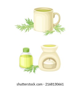 Mug of southernwood herbal tea and wormwood tincture set. Artemisia mongolica, flowering herbaceous medicinal plant vector illustration