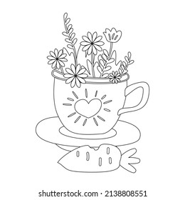 Mug with spring flowers. Image of a vase and carrot. Flower pot with the image of the heart in cartoon flat and naive style. Coloring Page or Book with Doodle for Kids and Adults