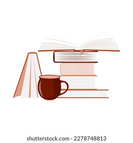 The mug stands next to a stack of books in brown tones. Drawn flat vector illustration