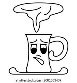 A mug with a steamed hot drink. A cup with a large round handle. Perplexity, difficulty, fear. A face with emotion. Vector icon, outline, isolated.  Editable stroke.