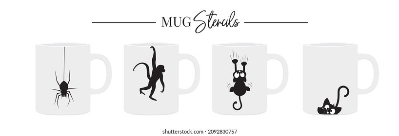 Mug stencil design isolated white background  Spider hanging illustration  monkey hanging  cat falling  cat peeking