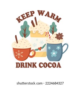 Mug sticker keep warm drinking cocoa. Vector drawing on a white isolated background. Illustration in flat, cartoon style.