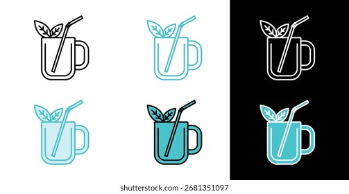 Becher mit Stroh und Minze Blätter Symbol in Linie und füllen Stil