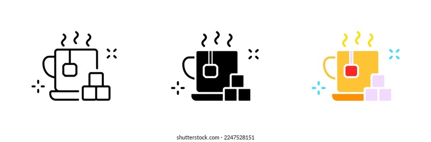 Mug with sugar cube line icon. Tea, coffee, cafe, break, time, have a rest, black, brew, tasty, coffee house, caffeine, breakfast, morning. Vector icon in line, black and colorful style