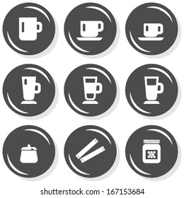 mug sugar honey coffee time cafe drink related button set isolated on white background 