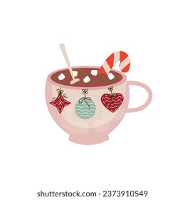 Mug of sweet hot chocolate with marshmallows on white background