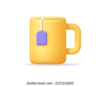 Mug with tea bag 3d icon. Render cup of tea. Tea time, breakfast, snack and break symbol. 3d vector cartoon minimal illustration