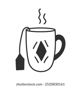 Caneca com Saco de chá ícone doodle. Bebida Quente desenhada à mão com vapor. Ilustração isolada do vetor do contorno. Símbolo de Cozy Hygge
