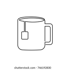 A mug of tea with tea bag drawn by one line. Black and white hand drawing