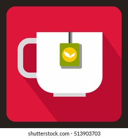 Mug with tea bag icon in flat style with long shadow. Drink symbol vector illustration