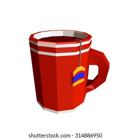Mug with tea bag isolated on white background. Low poly style. Vector illustration.