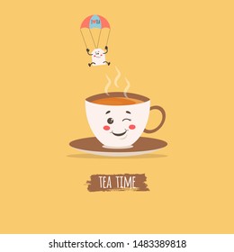 Mug and tea bag  in kawaii style. Good morning card concept. Vector Illustration can use for cards, fridge magnets, stickers, posters, funny print, interior design.