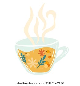 Mug with tea berries and leaves. Hot natural drink for health. Pharmacist of natural wellness poster, organic, herbal tea, orange slices and herbs. Vector cartoon illustration