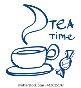 Mug with tea and candy icon. Design elements in hand drawn style.