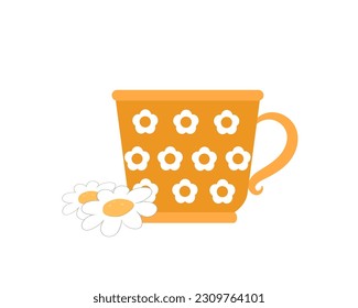Mug of tea and chamomile bud isolated on white background. Vector icon