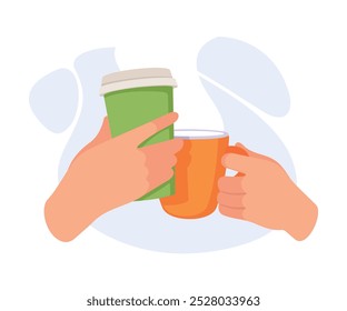 Taza con el té o la bebida del café en las manos que se retuercen juntas Ilustración vectorial