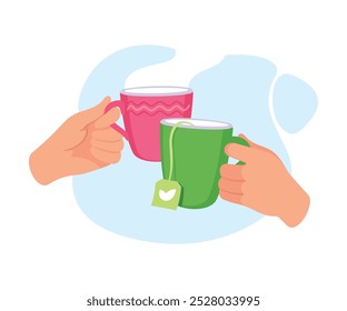 Mug with Tea or Coffee Drink in Hands Clinking Together Vector Illustration