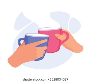 Mug with Tea or Coffee Drink in Hands Clinking Together Vector Illustration